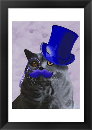 Framed Grey Cat With Blue Top Hat and Moustache Print