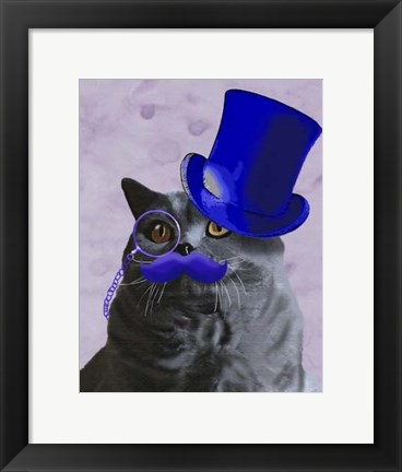 Framed Grey Cat With Blue Top Hat and Moustache Print