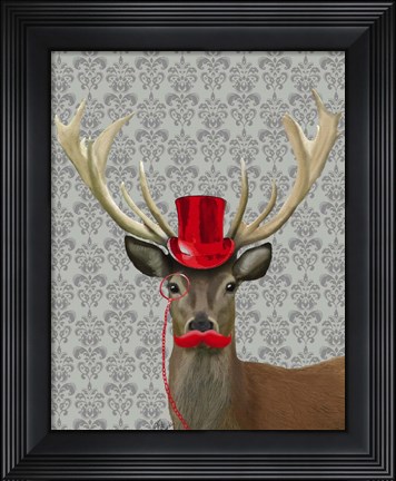 Framed Deer With Red Hat and Moustache Print
