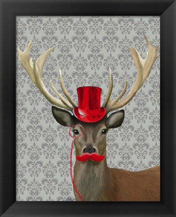 Framed Deer With Red Hat and Moustache Print