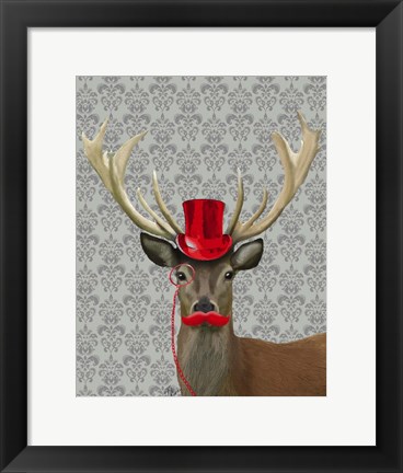 Framed Deer With Red Hat and Moustache Print