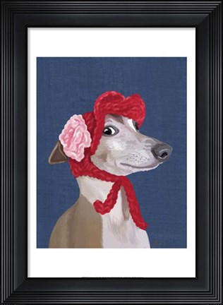 Framed Greyhound with Red Woolly Hat Print