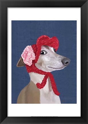 Framed Greyhound with Red Woolly Hat Print