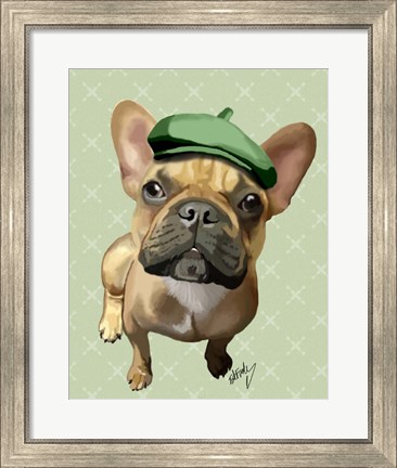 Framed Brown French Bulldog with Green Hat Print