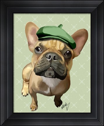 Framed Brown French Bulldog with Green Hat Print