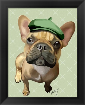 Framed Brown French Bulldog with Green Hat Print