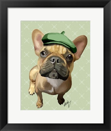 Framed Brown French Bulldog with Green Hat Print