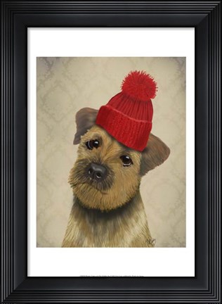 Framed Border Terrier with Red Bobble Hat Print