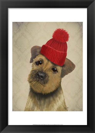 Framed Border Terrier with Red Bobble Hat Print