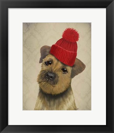 Framed Border Terrier with Red Bobble Hat Print