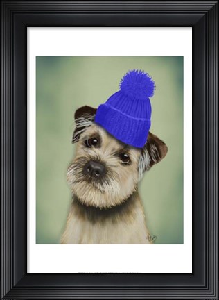 Framed Border Terrier with Blue Bobble Hat Print