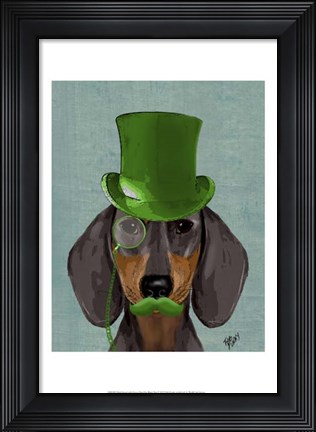 Framed Dachshund with Green Top Hat Black Tan Print