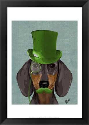 Framed Dachshund with Green Top Hat Black Tan Print