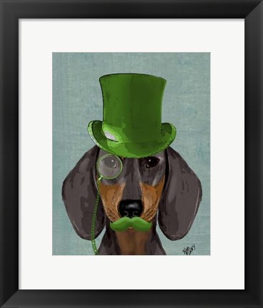 Framed Dachshund with Green Top Hat Black Tan Print