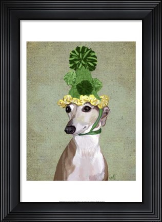 Framed Greyhound in Green Knitted Hat Print