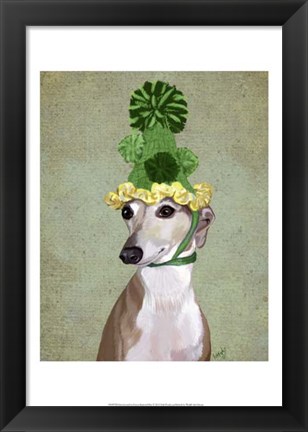 Framed Greyhound in Green Knitted Hat Print