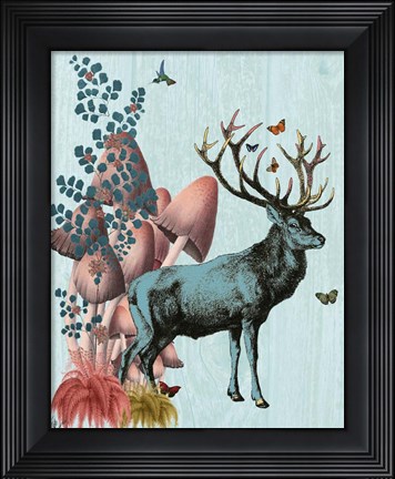 Framed Turquoise Deer in Mushroom Forest Print