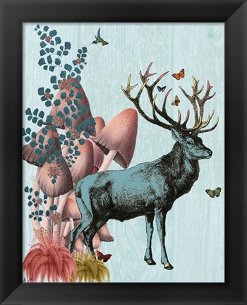 Framed Turquoise Deer in Mushroom Forest Print