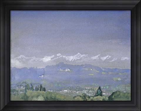 Framed Mountain Landscape with a Village in the Foreground Print