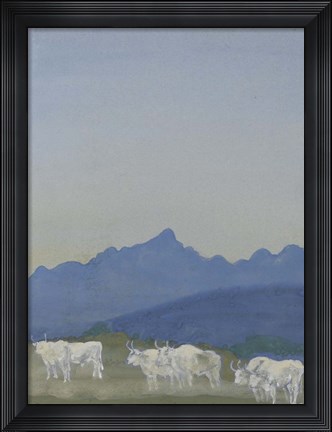 Framed Three Pairs of White Bulls in Front of the Mountains Print