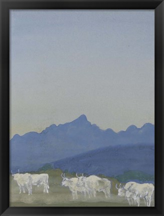 Framed Three Pairs of White Bulls in Front of the Mountains Print
