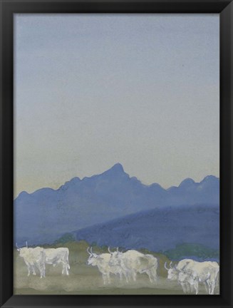 Framed Three Pairs of White Bulls in Front of the Mountains Print