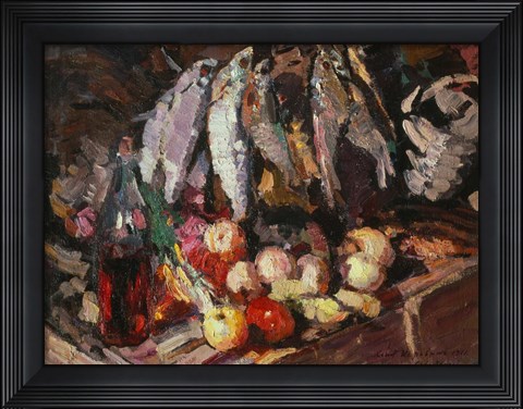 Framed Still Life with Fish, Wine, and Fruit Print