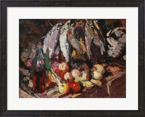 Framed Still Life with Fish, Wine, and Fruit Print