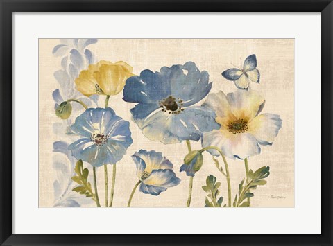 Framed Watercolor Poppies Blue Landscape Print