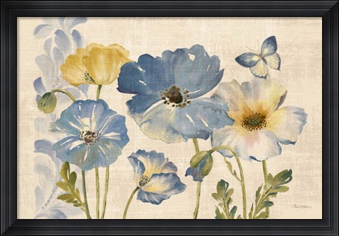 Framed Watercolor Poppies Blue Landscape Print