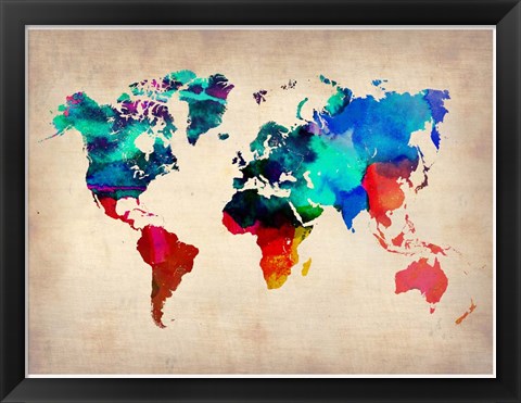 Framed World Watercolor Map 1 Print