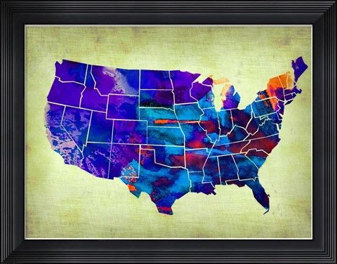 Framed USA Watercolor Map 5 Print