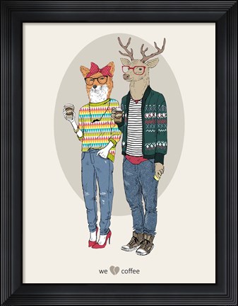 Framed Fox Girl And Deer Boy Hipsters Print