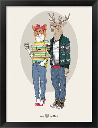 Framed Fox Girl And Deer Boy Hipsters Print