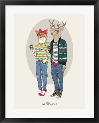 Framed Fox Girl And Deer Boy Hipsters Print