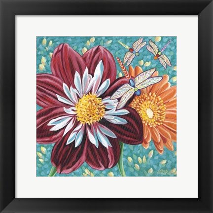 Framed Dragonfly on Blooms I Print