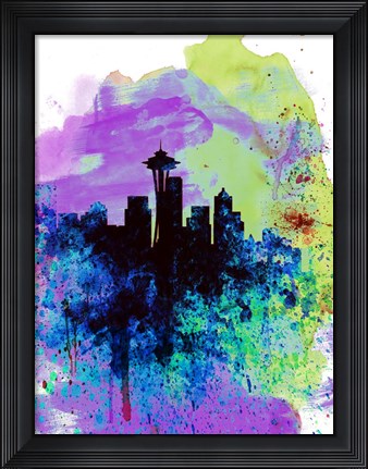 Framed Seattle Watercolor Skyline 1 Print