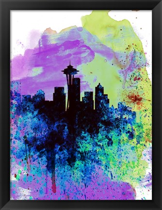 Framed Seattle Watercolor Skyline 1 Print