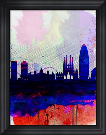 Framed Barcelona Watercolor Skyline 2 Print