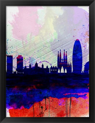 Framed Barcelona Watercolor Skyline 2 Print