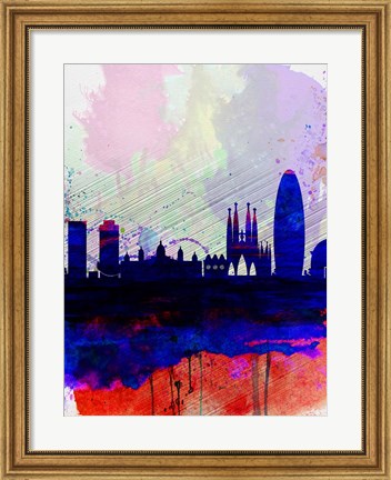Framed Barcelona Watercolor Skyline 2 Print