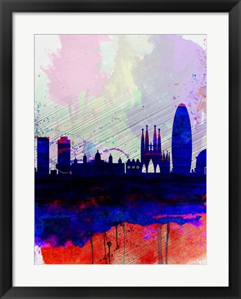 Framed Barcelona Watercolor Skyline 2 Print