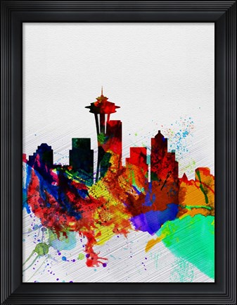Framed Seattle Watercolor Skyline 2 Print