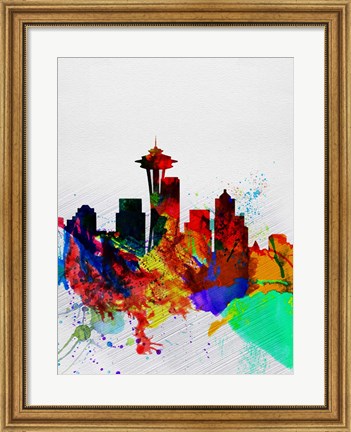 Framed Seattle Watercolor Skyline 2 Print