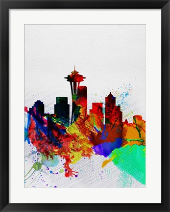 Framed Seattle Watercolor Skyline 2 Print