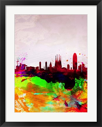 Framed Barcelona Watercolor Skyline Print