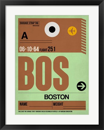 Framed BOS Boston Luggage Tag 1 Print