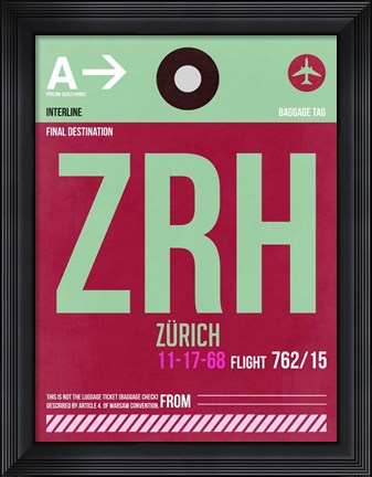 Framed ZRH Zurich Luggage Tag 2 Print