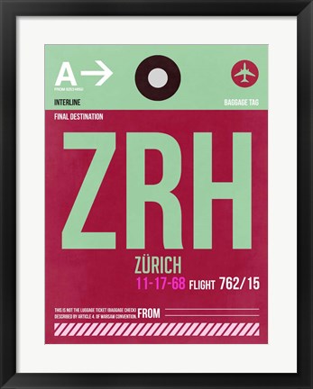 Framed ZRH Zurich Luggage Tag 2 Print