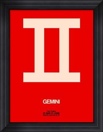 Framed Gemini Zodiac Sign White on Red Print